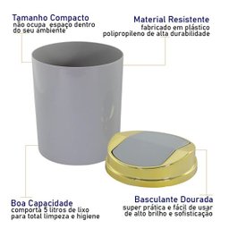 Lixeira Tampa Basculante Dourada 5 litros Cozinha Banheiro - Cinza - 3