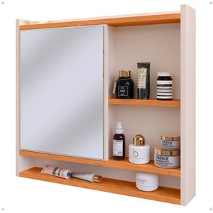 Espelheira Armário de Banheiro Suspenso com Porta e Nichos Espelho Organizadora Aqua - Off White/ Ci