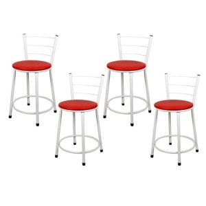 Jogo 4 Banquetas Baixa Para Cozinha Branca Assento Vermelho