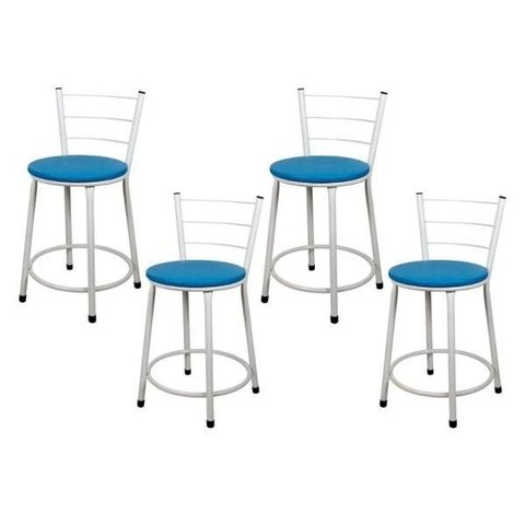 Jogo 4 Banquetas Baixa Para Cozinha Branca Assento Azul