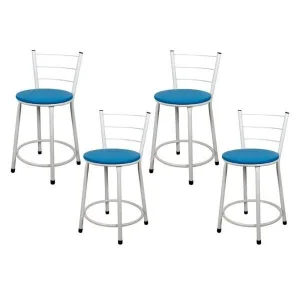 Jogo 4 Banquetas Baixa Para Cozinha Branca Assento Azul