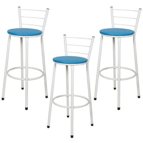 Jogo 3 Banquetas Altas Para Cozinha Branca Epoxi Assento Azul