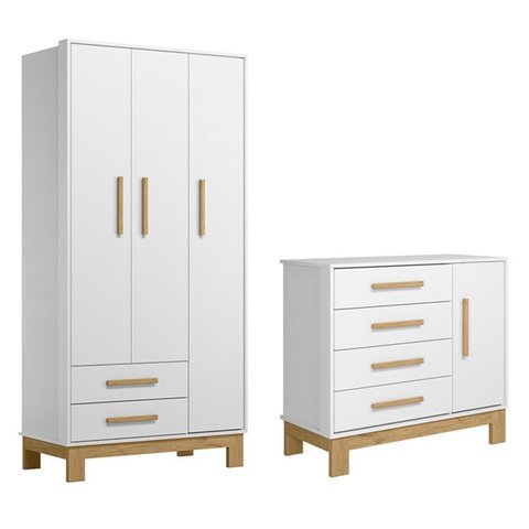Jogo de Quarto Q Encanto Slim Guarda Roupa e Cômoda Branco - Qmovi