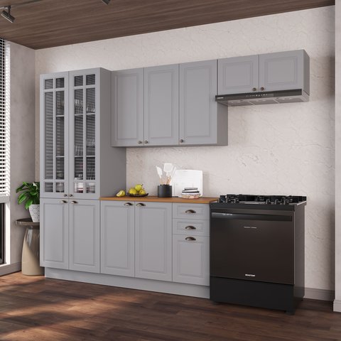 Cozinha Modulada 4 Peças Cristaleira Balcão com Tampo 2 Aéreos 100% MDF com Rodapé Bari Cinza/Titanio Fosco
