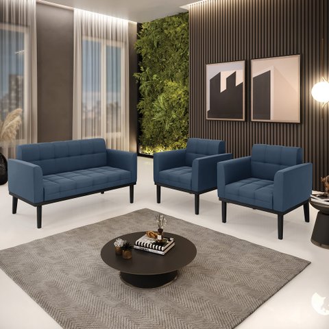 Conjunto 2 Poltronas e 1 Namoradeira Decorativa Karen Pés Fixo em Madeira Preto Suede Azul Marinho G