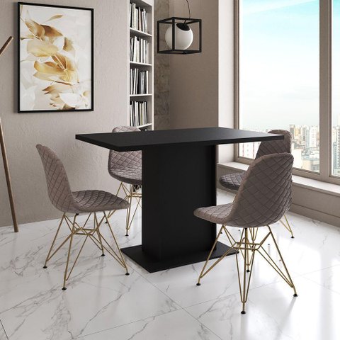 Mesa Jantar Londres Tampo Preto 120cm 4 Cadeiras Base Dourado Estofado Nude Médio