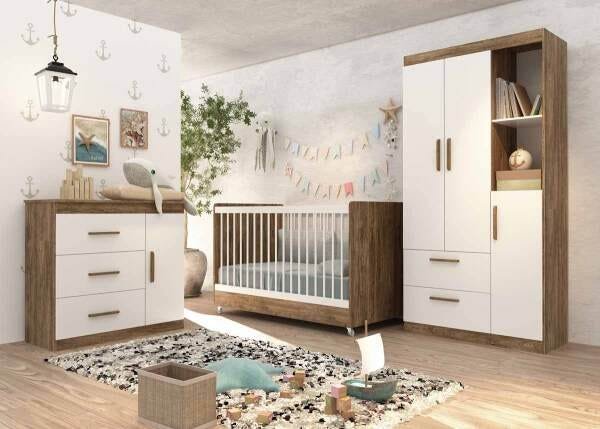 Quarto de Bebê Completo Floc 3 Portas Castanho com Branco Acetinado - Móveisaqui - 1