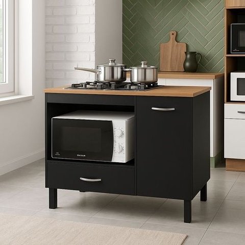 Balcão Cooktop Blane 105cm com 1 Porta e 1 Gaveta Preto Freijo