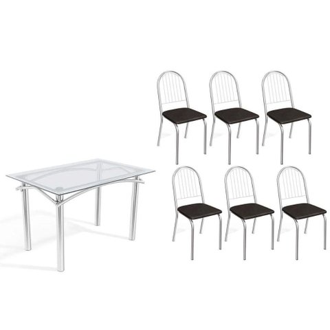 Conjunto: Mesa Sala Jantar Elba C/ Tampo de Vidro 120cm e 6 Cadeiras Noruega Cromada - Courano Preto