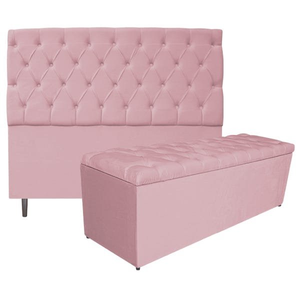 Kit Cabeceira e Calçadeira Liverpool 160 cm Queen Size Corano Rosa Bebê - Doce Sonho Móveis - 1