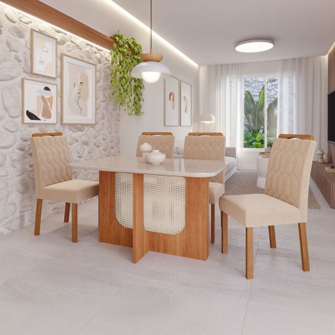 Sala de Jantar 4 Lugares Tampo de Vidro 130 cm Matilda Cadeiras Madeira Maciça Cinamomo/Nude - Panor