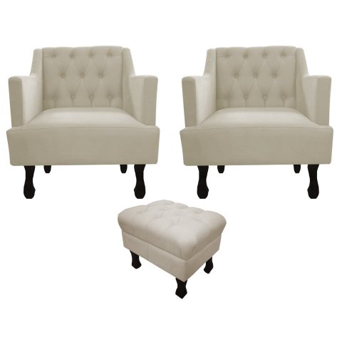 Kit 2 Poltronas Decorativa Julia + Puff Luis Xv Couro Bege Pés Madeira Ms Decor