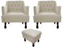 Ver imagem 1 de Kit 2 Poltronas Decorativa Julia + Puff Luis Xv Couro Bege Pés Madeira Ms Decor