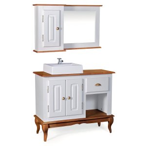 Gabinete para Banheiro 2 Portas com Cuba e Espelheira Dália 3058 - Off White/imbuia Glazer