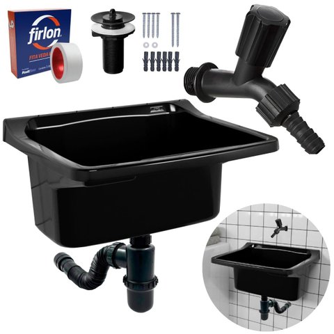 Tanque de Plástico 22l para Lavanderia Preto + Sifão Copo Universal Sanfonado + Fita Veda Rosca + To