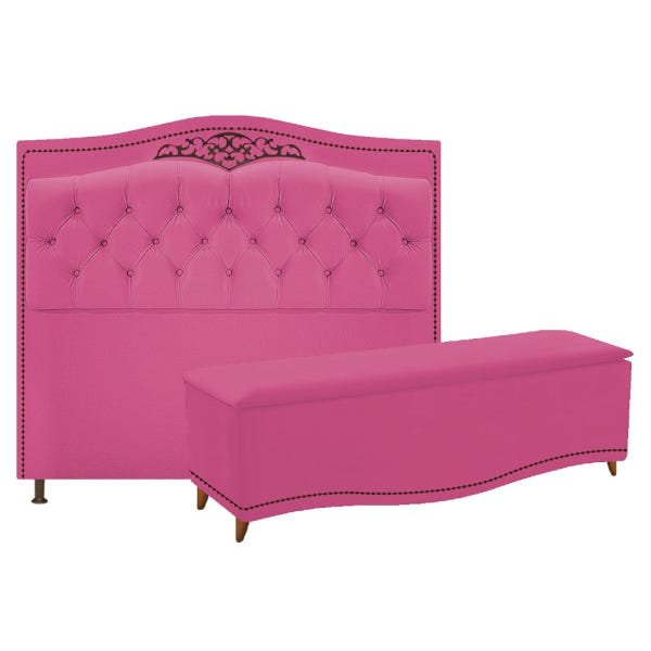 Kit Cabeceira e Calçadeira Yasmim 140 cm Casal Suede Pink - Doce Sonho Móveis - 1
