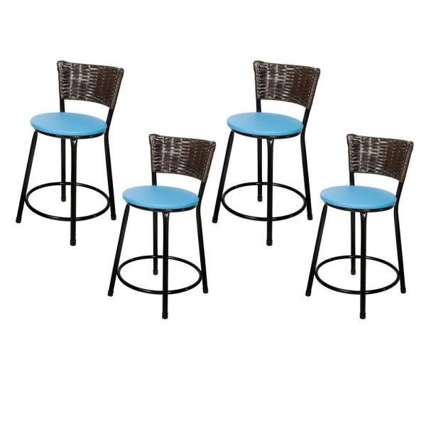 Jogo 4 Banquetas Baixas Para Cozinha Hawai Café Assento Azul - 1