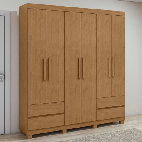 Guarda-roupa Casal Zeus 6 Portas 4 Gavetas Amêndoa Clean - Móveis Lopas
