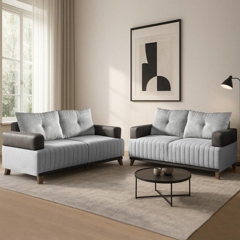 Sofá Conjunto Leona 5 Lugares 335cm Cinza Linho Bom Pastor Móveis