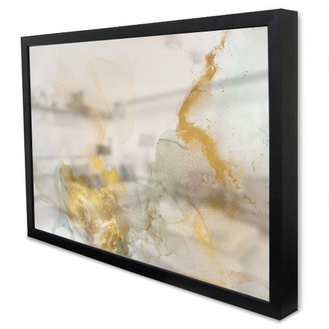 Quadro Decorativo Caixa Alta com Vidro Abstrato Mármore Branco Gold TaColado Moldura Preta 120 x 80c