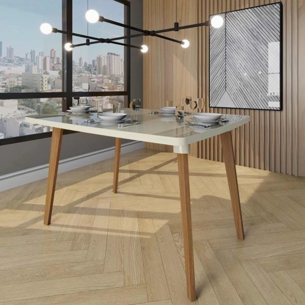 Mesa de Jantar com 4 Cadeiras Jade em Pés Oblongo Off White Pena Caramelo - Rv Móveis - 5