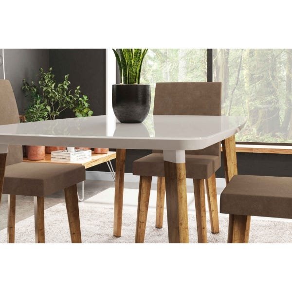 Mesa de Jantar com 4 Cadeiras Jade em Pés Oblongo Off White Pena Caramelo - Rv Móveis - 3