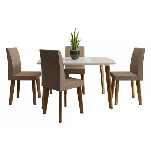 Mesa de Jantar com 4 Cadeiras Jade em Pés Oblongo Off White Pena Caramelo - Rv Móveis - 1