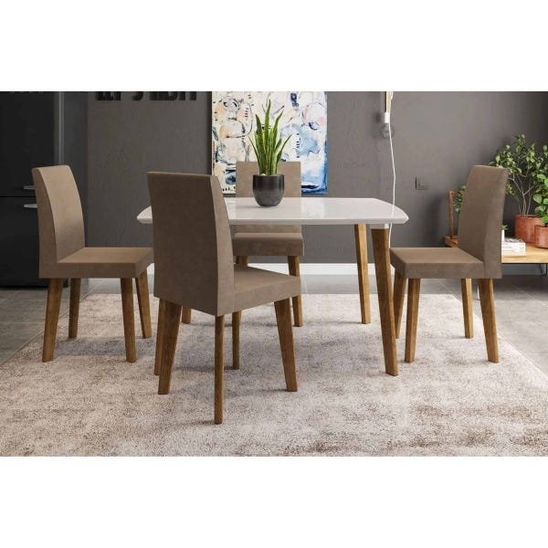 Mesa de Jantar com 4 Cadeiras Jade em Pés Oblongo Off White Pena Caramelo - Rv Móveis - 2