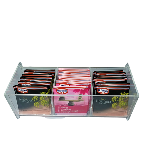 Caixa Acrílica Porta Saches Chá ou capsulas - 3 Divisórias Com Tampa stop 4mm