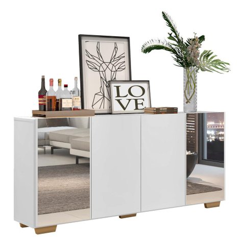 Aparador Buffet 4 Portas com Espelho e Pés Quadrados Vegas Multimóveis V3563 Branco/Natural