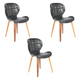 Kit 3 Cadeiras de Jantar Moderna com Tressê Base Madeira Lucy R02 Sintético Preto - Mpozenato - 1