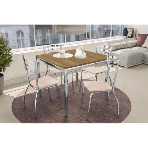 Conjunto: Mesa de Cozinha Reno C/ Tampo de Madeira 90cm e 4 Cadeiras Portugal Cromada/nude 16 -