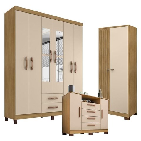 Guarda Roupa Casal Modena com Espelho 6 Portas e Cômoda Madri Armário Multiuso Versatile Carvalho Am