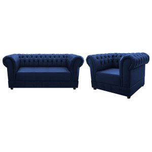 Kit Poltrona e Namoradeira Chesterfield Ana Suede Azul Marinho