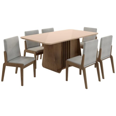Kit Mesa de Jantar Harpa com 6 Cadeiras Sinfonia em Linho Carvalho/fendi/cinza