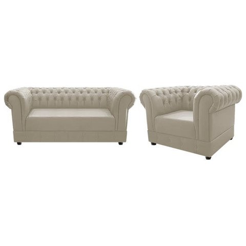 Kit Poltrona e Namoradeira Chesterfield Ana Suede Bege- Doce Sonho Móveis
