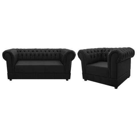Kit Poltrona e Namoradeira Chesterfield Ana Suede Preto - Doce Sonho Móveis