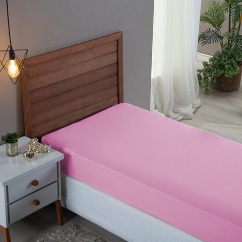 Lençol Cama Solteiro 100% Algodão com Elástico Percal 300 Fios Hotel Pousada:rosa Bebe