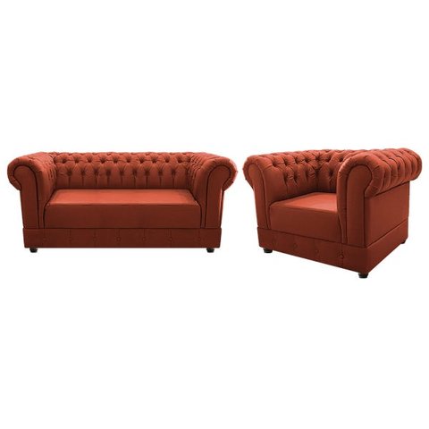 Kit Poltrona e Namoradeira Chesterfield Ana Suede Terracota - Doce Sonho Móveis