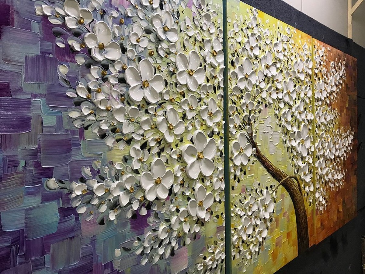 Quadro Pintura Tela árvore pétalas branco flor painéis 5369: 80cm (A) x 120cm (L) - 5
