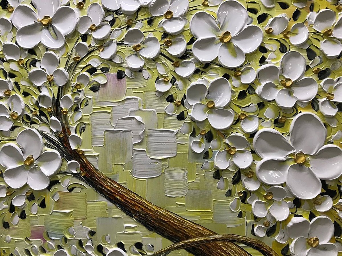 Quadro Pintura Tela árvore pétalas branco flor painéis 5369: 80cm (A) x 120cm (L) - 4