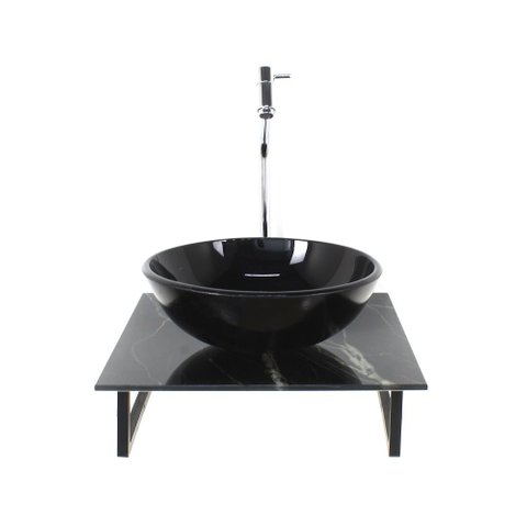 Gabinete de Vidro com Cuba Redonda com Tampo de Vidro 40cm X 40cm Mármore Preto Mais Torneira Metal