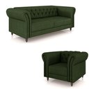 Ver imagem 2 de Conjunto Sala de Estar 1 Sofá Living 220cm e 1 Poltrona Stanford Chesterfield Pés Madeira Couro Verd