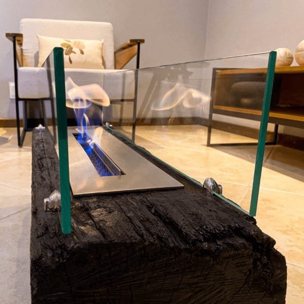 Lareira Ecológica no Dormente com Rodinhas e Queimador em Inox - 1m x 22 cm - Cabulco com vidros - 2
