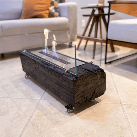 Lareira Ecológica no Dormente com Rodinhas e Queimador em Inox - 1m x 22 cm - Cabulco com vidros