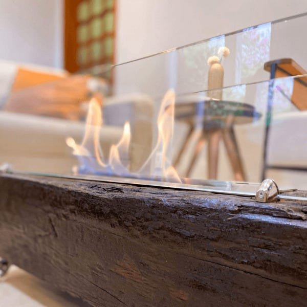 Lareira Ecológica no Dormente com Rodinhas e Queimador em Inox - 1m x 22 cm - Cabulco com vidros - 10