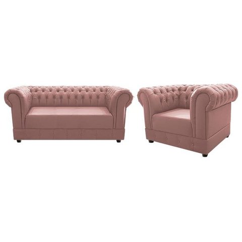 Kit Poltrona e Namoradeira Chesterfield Ana Suede Rosê - Doce Sonho Móveis