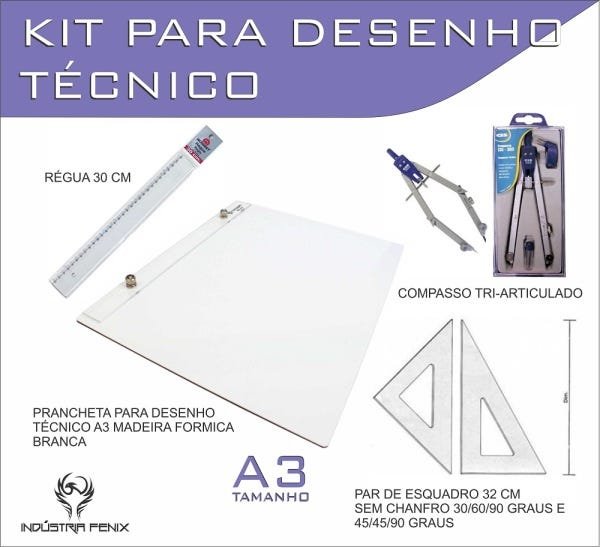 Kit Desenho Técnico Engenharia Arquitetura Prancheta A3 Formica Par Esquadros 32 cm Cis 303 Regua