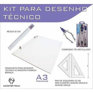 Kit Desenho Técnico Engenharia Arquitetura Prancheta A3 Formica Par Esquadros 32 cm Cis 303 Regua