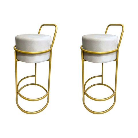 Kit 2 Banquetas Alta Redonda Base Dourada Veludo - Bege